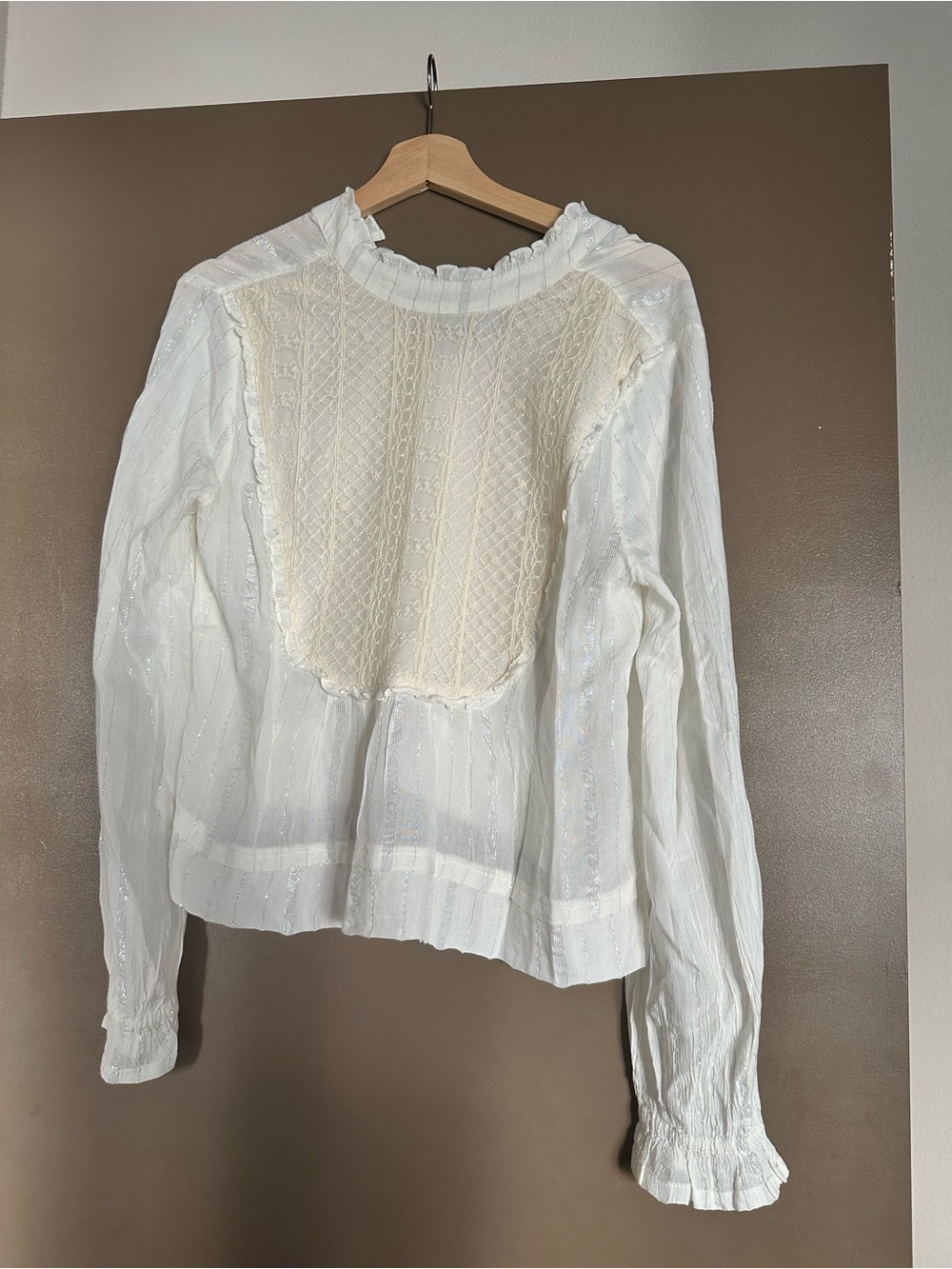 Abercrombie & Fitch Cream and White Lace-Paneled Long Sleeve Blouse